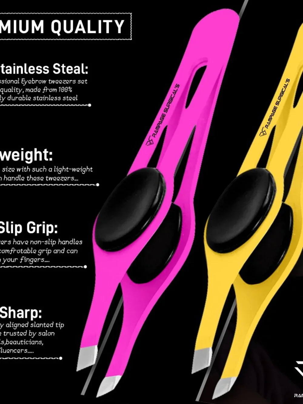 Professional Eyebrow Tweezers Slanted Tip Stainless Steel 2,3xPcs Set, Non-Slip